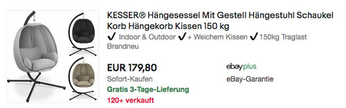 KESSER® Luxe Hängesessel inkl. Gestell, versch. Farben (105 x 90 x 175 cm, max. 150 kg.) KESSER® Luxe Hängesessel inkl. Gestell, versch. Farben (105 x 90 x 175 cm, max. 150 kg.)