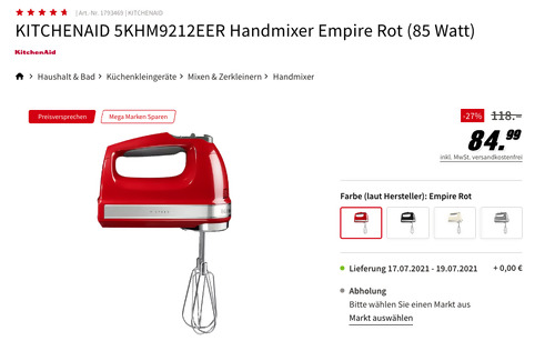 KITCHENAID 5KHM9212EER Handmixer Empire Rot (2 Turborührbesen, 2 Knethaken, 1 Schneebesen, 1 Mixerstab) - jetzt 10% billiger KITCHENAID 5KHM9212EER Handmixer Empire Rot (2 Turborührbesen, 2 Knethaken, 1 Schneebesen, 1 Mixerstab) - jetzt 10% billiger