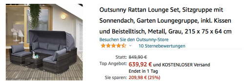 Outsunny 4-teilige Rattan Lounge Set mit Sonnendach (3-Sitzer-Sofa, 2 Sessel, Beistelltisch) Outsunny 4-teilige Rattan Lounge Set mit Sonnendach (3-Sitzer-Sofa, 2 Sessel, Beistelltisch)
