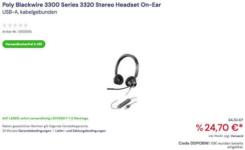 Plantronics Poly Blackwire 3320 USB-A Stereo Headset für PC Plantronics Poly Blackwire 3320 USB-A Stereo Headset für PC