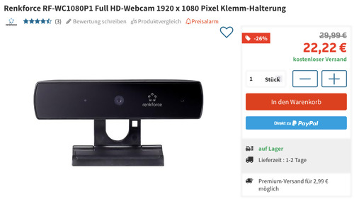 Renkforce RF-WC1080P1 Full HD-Webcam mit Klemm-Halterung (1920 x 1080 Pixel , 65° Betrachtungswinkel) Renkforce RF-WC1080P1 Full HD-Webcam mit Klemm-Halterung (1920 x 1080 Pixel , 65° Betrachtungswinkel)