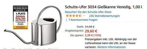 Schulte-Ufer 3034 Gießkanne "Venedig", 1 Liter (Edelstahl rostfrei 18/10) Schulte-Ufer 3034 Gießkanne "Venedig", 1 Liter (Edelstahl rostfrei 18/10)