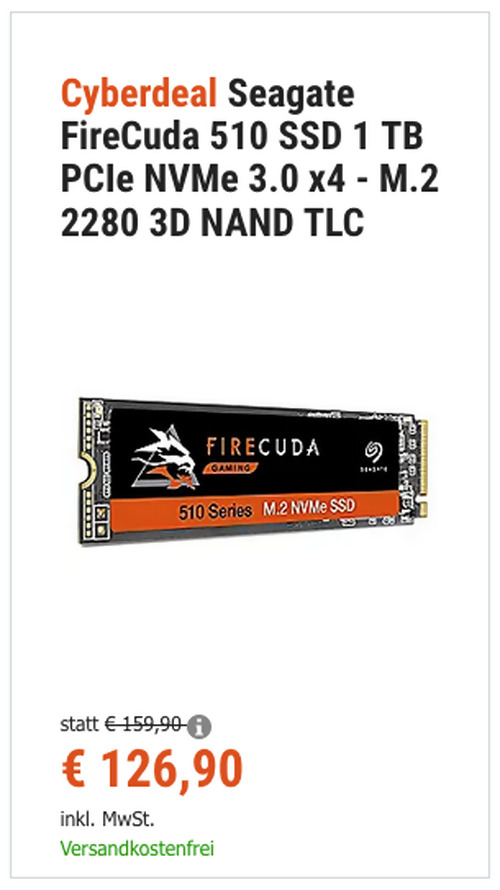 Seagate FireCuda 510 SSD 1 TB PCIe NVMe 3.0 x4 - M.2 SSD-Festplatte Seagate FireCuda 510 SSD 1 TB PCIe NVMe 3.0 x4 - M.2 SSD-Festplatte