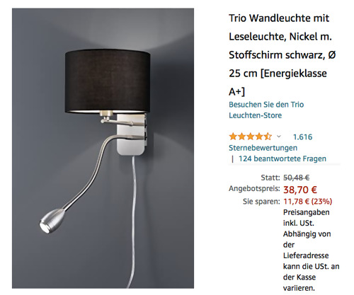 Trio Leuchten 271170202 Wandleuchte mit Leseleuchte, schwarz (Ø 25 cm, Stoffschirm, Nickel) - jetzt 19% billiger