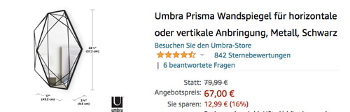 Umbra 358776-040 Prisma Wandspiegel, schwarz (?56.52 x 42.55 x 8.26 cm, Metall) Umbra 358776-040 Prisma Wandspiegel, schwarz (?56.52 x 42.55 x 8.26 cm, Metall)