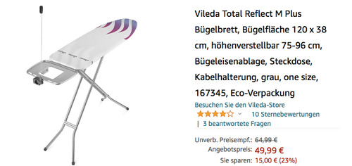 Vileda 167345 Total Reflect M Plus Bügelbrett, 120x38 cm Vileda 167345 Total Reflect M Plus Bügelbrett, 120x38 cm