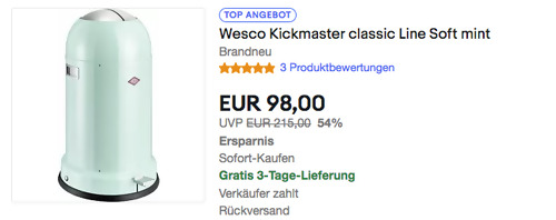 Wesco Kickmaster classic line Soft 33 Liter Abfalleimer, mint - jetzt 22% billiger