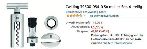 Zwilling 39500-054-0 Sommelier-Set, 4-teilig (Folienschneider, Korkenzieher, Weinausgießer und Tropfring) Zwilling 39500-054-0 Sommelier-Set, 4-teilig (Folienschneider, Korkenzieher, Weinausgießer und Tropfring)