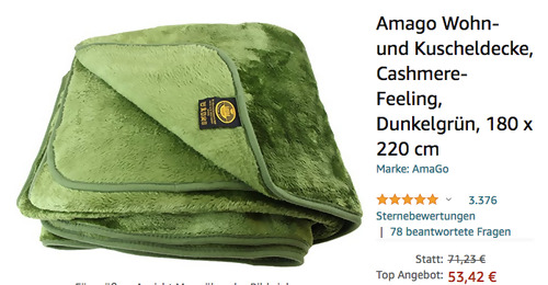 Amago 180 x 220 cm Wohn- und Kuscheldecke mit Cashmere-Feeling, dunkelgrün - jetzt 25% billiger