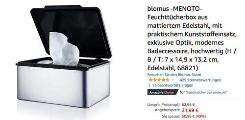 blomus 68821 MENOTO Feuchttücherbox aus mattiertem Edelstahl, 14.9 x 13.2 x 7 cm - jetzt 12% billiger blomus 68821 MENOTO Feuchttücherbox aus mattiertem Edelstahl, 14.9 x 13.2 x 7 cm - jetzt 12% billiger