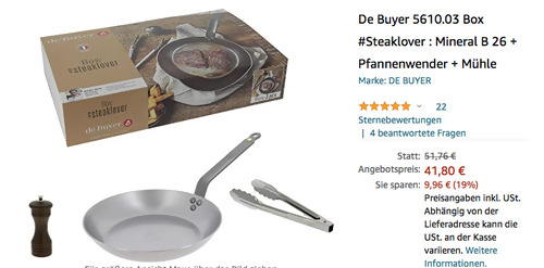 De Buyer 5610.03 Box #Steaklove Bratpfanne-Set (26 cm Eisenpfanne + Grillzange + Pfeffermühle) - jetzt 15% billiger De Buyer 5610.03 Box #Steaklove Bratpfanne-Set (26 cm Eisenpfanne + Grillzange + Pfeffermühle) - jetzt 15% billiger