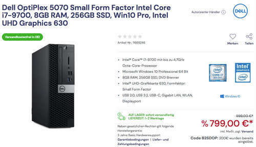 Dell OptiPlex 5070-TKT0H Small Form Factor Desktop-PC (i7-9700, 8GB RAM, 256GB SSD, Win10 Pro, Intel UHD Graphics 630) Dell OptiPlex 5070-TKT0H Small Form Factor Desktop-PC (i7-9700, 8GB RAM, 256GB SSD, Win10 Pro, Intel UHD Graphics 630)