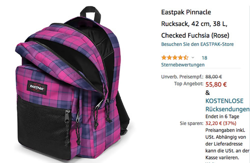 Eastpak 42 cm Pinnacle Rucksack in Checked Fuchsia (Rose) Eastpak 42 cm Pinnacle Rucksack in Checked Fuchsia (Rose)