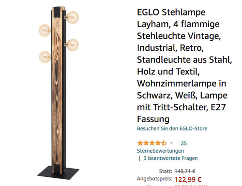 EGLO Stehlampe "Layham" (127,5 cm, 4 flammige, E27 Fassung, Legierter Stahl/Holz - jetzt 11% billiger