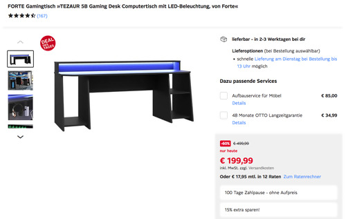 FORTE Gamingtisch "TEZAUR 5B", schwarz (LED-Beleuchtung, 200 x 91 x 72 cm) FORTE Gamingtisch "TEZAUR 5B", schwarz (LED-Beleuchtung, 200 x 91 x 72 cm)