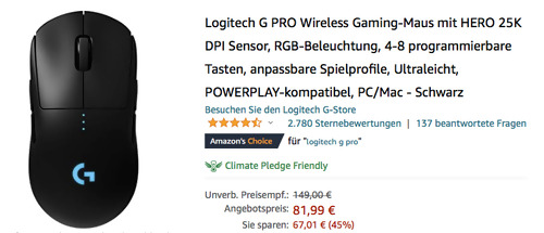 Logitech G PRO Wireless Gaming-Maus, schwarz (HERO 25K DPI Sensor, RGB-Beleuchtung) Logitech G PRO Wireless Gaming-Maus, schwarz (HERO 25K DPI Sensor, RGB-Beleuchtung)