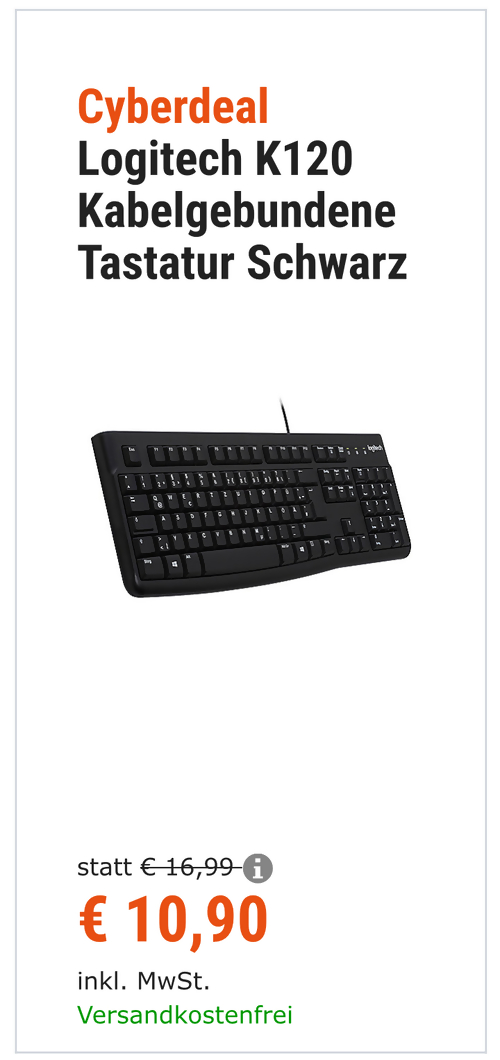 Logitech K120 USB Tastatur, schwarz - jetzt 15% billiger Logitech K120 USB Tastatur, schwarz - jetzt 15% billiger