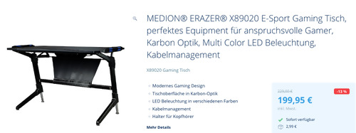 MEDION® ERAZER® X89020 E-Sport Gaming Tisch (123,6 x 71,8 cm, Karbon Optik, LED Beleuchtung, Kabelmanagement MEDION® ERAZER® X89020 E-Sport Gaming Tisch (123,6 x 71,8 cm, Karbon Optik, LED Beleuchtung, Kabelmanagement