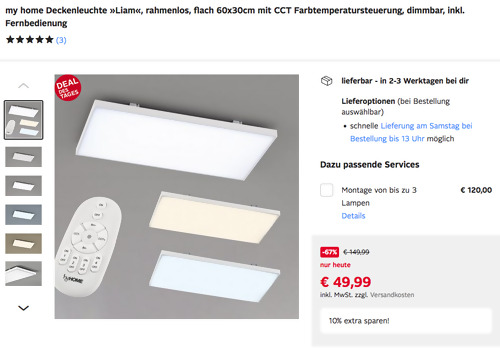 my home  60x30cm LED-Deckenleuchte "Liam" mit CCT Farbtemperatursteuerung (22 W, 1600 lm, dimmbar, inkl. Fernbedienung) - jetzt 9% billiger