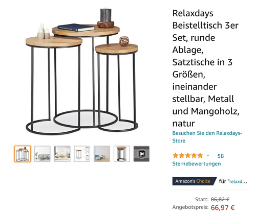 Relaxdays Runde Beistelltisch 3er Set (ineinander stellbar, Metall, Mangoholz) - jetzt 23% billiger Relaxdays Runde Beistelltisch 3er Set (ineinander stellbar, Metall, Mangoholz) - jetzt 23% billiger