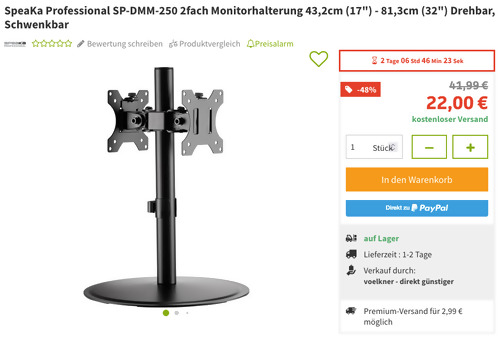 SpeaKa Professional SP-DMM-250 2fach Monitorhalterung (17"- 32", Drehbar, Schwenkbar) SpeaKa Professional SP-DMM-250 2fach Monitorhalterung (17"- 32", Drehbar, Schwenkbar)