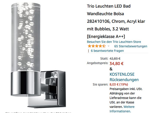 Trio Leuchten 282410106 LED Bad-Wandleuchte "Bolsa" mit Bubbles, 3.2 Watt - jetzt 19% billiger