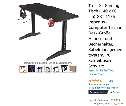 Trust XL Gaming Tisch GXT 1175 Imperius, schwarz (140 x 66 cm) - jetzt 15% billiger Trust XL Gaming Tisch GXT 1175 Imperius, schwarz (140 x 66 cm) - jetzt 15% billiger