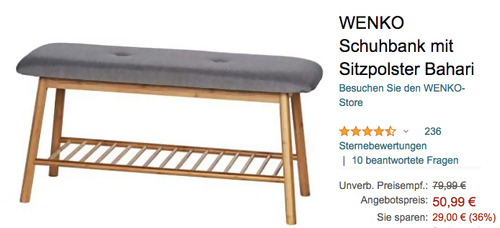 WENKO Schuhbank "Bahari" mit Sitzpolster (Bambus, 90 x 45 x 34 cm) - jetzt 15% billiger WENKO Schuhbank "Bahari" mit Sitzpolster (Bambus, 90 x 45 x 34 cm) - jetzt 15% billiger