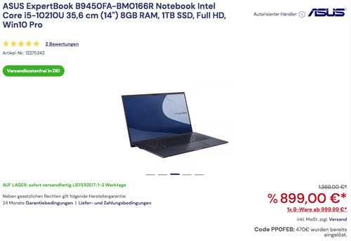 ASUS ExpertBook B9 B9450FA-BM0166R 35,6 cm (14") Notebook (Core i5-10210U, 8GB RAM, 1TB SSD, Full HD, Win10 Pro ASUS ExpertBook B9 B9450FA-BM0166R 35,6 cm (14") Notebook (Core i5-10210U, 8GB RAM, 1TB SSD, Full HD, Win10 Pro