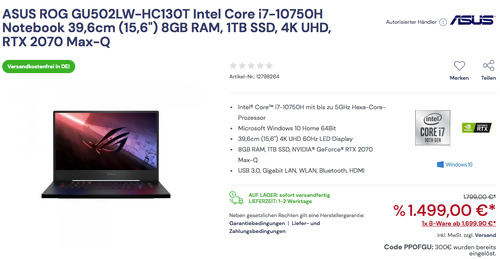 ASUS ROG GU502LW-HC130T 39,6cm (15,6") Gaming Notebook ( i7-10750H, 8GB RAM, 1TB SSD, 4K UHD, RTX 2070 Max-Q, Windows 10) ASUS ROG GU502LW-HC130T 39,6cm (15,6") Gaming Notebook ( i7-10750H, 8GB RAM, 1TB SSD, 4K UHD, RTX 2070 Max-Q, Windows 10)