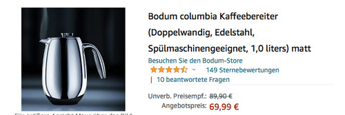 Bodum Columbia 1 Liter Kaffeebereiter in Matt (Doppelwandig, Edelstahl Bodum Columbia 1 Liter Kaffeebereiter in Matt (Doppelwandig, Edelstahl