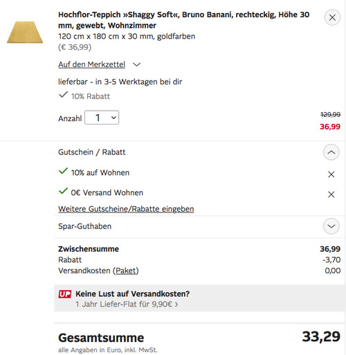 Bruno Banani 120x180 cm Hochflor-Teppich "Shaggy Soft", goldfarben - jetzt 10% billiger