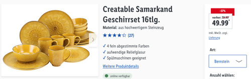 Creatable Samarkand 16-teilges Geschirrset in Bernstein Style (aus hochwertigem Steinzeug) - jetzt 31% billiger Creatable Samarkand 16-teilges Geschirrset in Bernstein Style (aus hochwertigem Steinzeug) - jetzt 31% billiger