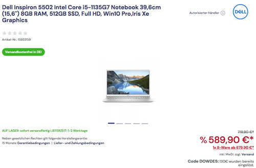 Dell Inspiron 5502 Intel Core i5-1135G7 (RHDVM) 39,6cm (15,6") Notebook (8GB RAM, 512GB SSD, Full HD, Win10 Pro, Iris Xe Graphics) Dell Inspiron 5502 Intel Core i5-1135G7 (RHDVM) 39,6cm (15,6") Notebook (8GB RAM, 512GB SSD, Full HD, Win10 Pro, Iris Xe Graphics)