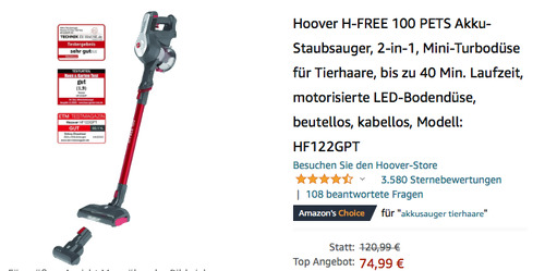 Hoover H-FREE 100 PETS (HF122GPT) 2-in-1 Akku-Staubsauger (bis zu 40 Min. Laufzeit) Hoover H-FREE 100 PETS (HF122GPT) 2-in-1 Akku-Staubsauger (bis zu 40 Min. Laufzeit)