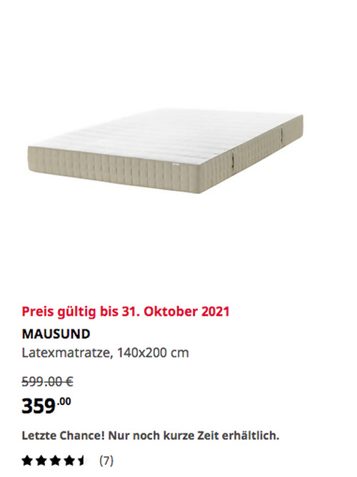 IKEA Wallau - MAUSUND Latexmatratze, mittelfest natur, 140x200 cm IKEA Wallau - MAUSUND Latexmatratze, mittelfest natur, 140x200 cm