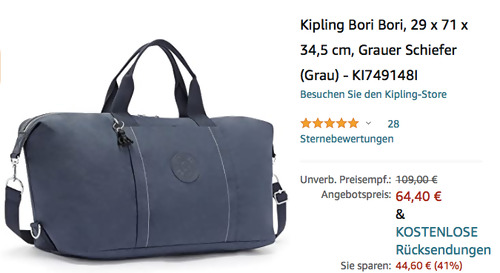 Kipling Bori Wochenendtasche, grau (29 x 71 x 34,5 cm) Kipling Bori Wochenendtasche, grau (29 x 71 x 34,5 cm)