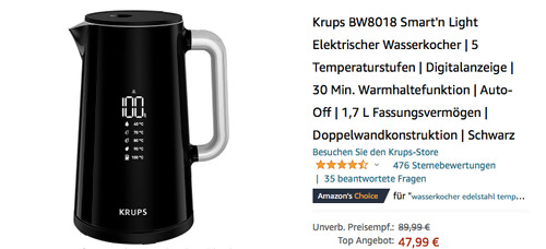 Krups BW8018 1,7 L Smart'n Light Wasserkocher, schwarz (5 Temperaturstufen, Doppelwandkonstruktion) - jetzt 31% billiger Krups BW8018 1,7 L Smart'n Light Wasserkocher, schwarz (5 Temperaturstufen, Doppelwandkonstruktion) - jetzt 31% billiger