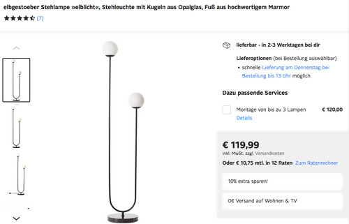 lbgestoeber 141 cm Stehlampe "elblicht" mit Kugeln aus Opalglas, Fuß aus hochwertigem Marmor (E14, 2-flammig) - jetzt 10% billiger