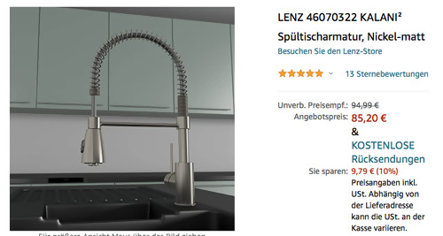 LENZ 46070322 KALANI² Spültischarmatur, Nickel-matt ( 35 mm Kartusche) - jetzt 15% billiger LENZ 46070322 KALANI² Spültischarmatur, Nickel-matt ( 35 mm Kartusche) - jetzt 15% billiger