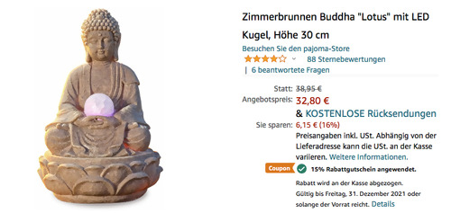 Pajoma ?53899.0 30 cm Zimmerbrunnen Buddha "Lotus" mit LED Kugel, braun (Polyresin) Pajoma ?53899.0 30 cm Zimmerbrunnen Buddha "Lotus" mit LED Kugel, braun (Polyresin)