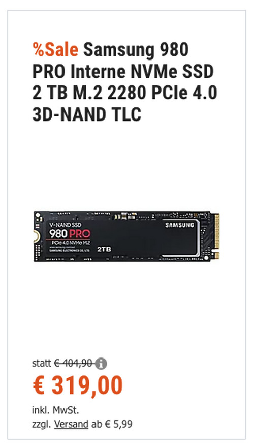 Samsung 980 PRO 2 TB PCIe 4.0 Interne NVMe M.2 2280 SSD-Festplatte Samsung 980 PRO 2 TB PCIe 4.0 Interne NVMe M.2 2280 SSD-Festplatte