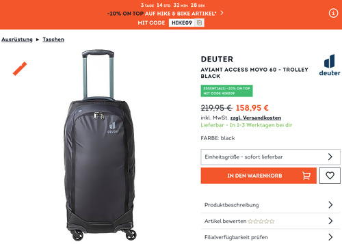 SportScheck - 20% Rabatt auf Hike & Bike : z.B. Deuter AViANT Access Movo 60 Trolley, schwarz ( 60 L Volumen) SportScheck - 20% Rabatt auf Hike & Bike : z.B. Deuter AViANT Access Movo 60 Trolley, schwarz ( 60 L Volumen)