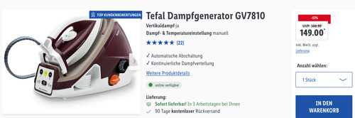 Tefal Dampfgenerator GV7810 Hochdruck-Dampfbügelstation (430 g/min Dampfstoß) Tefal Dampfgenerator GV7810 Hochdruck-Dampfbügelstation (430 g/min Dampfstoß)
