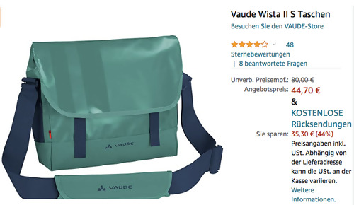 Vaude Wista II S Umhängetasche in Nickel Green (8 Liter, 33 cm, PVC-frei) Vaude Wista II S Umhängetasche in Nickel Green (8 Liter, 33 cm, PVC-frei)