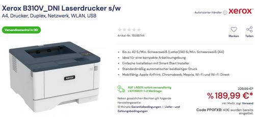 Xerox B310 S/W-Laserdrucker (A4, Duplex, Netzwerk, WLAN, USB) Xerox B310 S/W-Laserdrucker (A4, Duplex, Netzwerk, WLAN, USB)