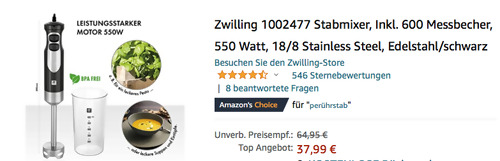 Zwilling 1002477 Stabmixer inkl. 600 ml Messbecher, 550 Watt Zwilling 1002477 Stabmixer inkl. 600 ml Messbecher, 550 Watt