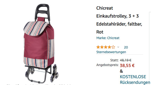 Chicreat Einkaufstrolley, rot (Treppensteiger, faltbar, bis zu 20 kg) Chicreat Einkaufstrolley, rot (Treppensteiger, faltbar, bis zu 20 kg)