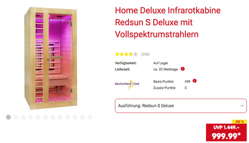 Home Deluxe Infrarotkabine Redsun S Deluxe mit Vollspektrumstrahlern ( 90 x 190 x 90 cm, 1400 Watt, Hemlock-Tannenholz) Home Deluxe Infrarotkabine Redsun S Deluxe mit Vollspektrumstrahlern ( 90 x 190 x 90 cm, 1400 Watt, Hemlock-Tannenholz)