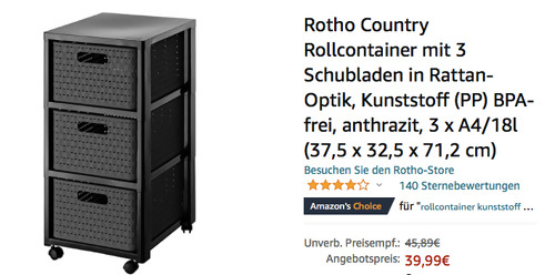 Rotho Country Rollcontainer mit 3 Schubladen in Rattan-Optik, anthrazit (3 x 18l, 37,5 x 32,5 x 71,2 cm) - jetzt 13% billiger